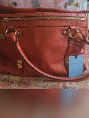 ANTONIO MELANI Orange Leather Shoulder Tote with Gold Accents